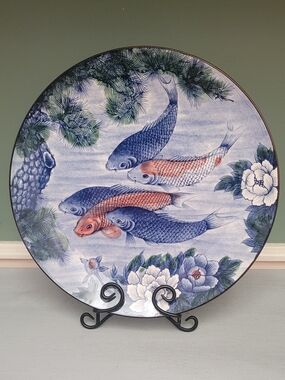 Vintage Japanese Koi Fish Lotus Ceramic Plate - Blue & Orange 12½ inches wide
